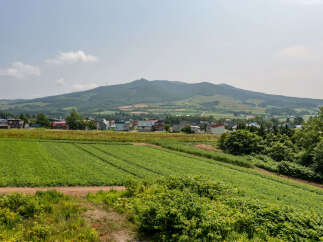 Discover serene living in this picturesque rural landscape, featuring rolling green hills and a charming village nestled against a majestic mountain backdrop.