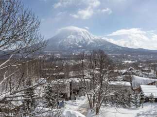 Experience the serene beauty of a winter wonderland with this stunning property offering breathtaking views of a snow-capped mountain.