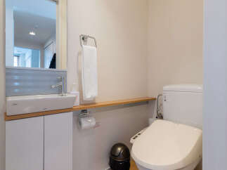 This modern bathroom features a sleek rectangular sink with a chrome faucet, complemented by a wall-mounted towel rack and a convenient toilet paper holder.