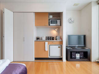 Discover this compact studio apartment featuring a convenient kitchenette with a microwave and mini-fridge, perfect for simple meals.