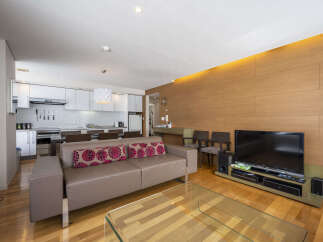 Experience modern living in this stylish apartment featuring a sleek, open-concept kitchen with ample cabinet space and a bright, inviting living area.