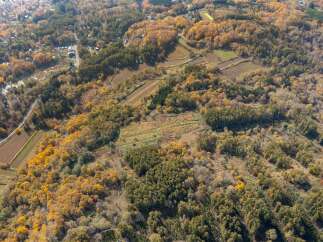 Discover this stunning aerial view showcasing a picturesque rural landscape during autumn.