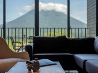 Experience breathtaking mountain views from this luxurious living space, featuring a comfortable sectional sofa and a cozy armchair.