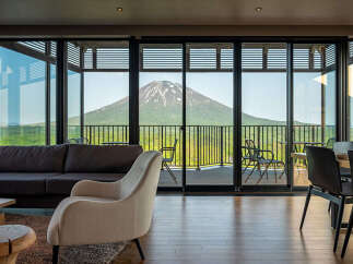 Experience breathtaking panoramic views of a majestic snow-capped mountain from this luxurious living space.