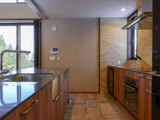 Experience modern luxury in this stunning kitchen featuring a sleek island with a large sink and a professional-grade faucet.