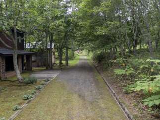 Nestled amidst lush greenery, this property offers a serene retreat with its charming rustic architecture and a winding gravel driveway leading into a wooded area.