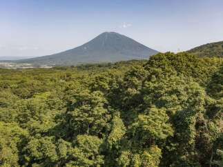 Discover breathtaking panoramic views from this prime real estate location, showcasing a majestic mountain backdrop.