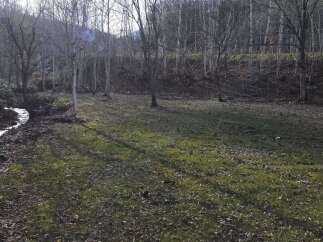 Discover this serene property featuring a charming stream winding through a wooded landscape.