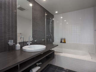 Experience modern comfort in this well-appointed bathroom, featuring a sleek vanity with a vessel sink and a spacious bathtub perfect for unwinding.