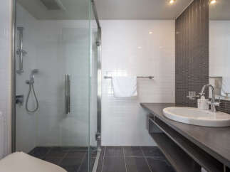 Experience modern comfort in this stylish bathroom featuring a sleek glass-enclosed shower and a spacious vanity with a contemporary basin.