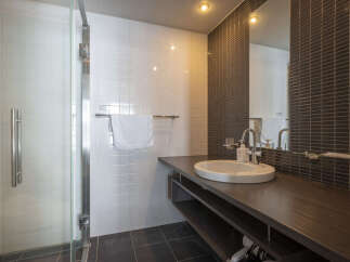 Experience modern luxury in this beautifully appointed bathroom, featuring a sleek vanity with a vessel sink and ample counter space.