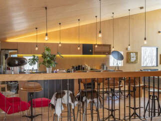 Experience modern living in this stunning open-concept space featuring a sleek kitchen with ample counter space and a breakfast bar.