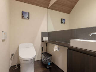Experience modern comfort in this well-appointed bathroom, featuring a sleek, high-tech toilet with a convenient wall-mounted control panel.