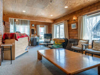 This cozy living room features warm wood paneling on the walls and ceiling, creating a rustic and inviting atmosphere.