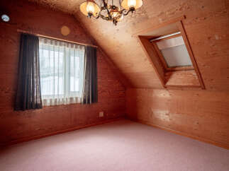 Step into this charming attic room, featuring warm wood-paneled walls and a cozy pink carpet.