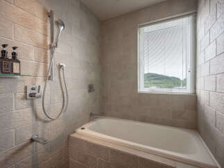 Experience modern comfort in this bathroom featuring a deep soaking tub and a sleek shower system.