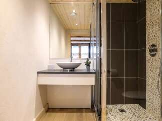 Experience modern comfort in this bathroom featuring a sleek vessel sink atop a dark countertop and a spacious walk-in shower with unique pebble tile accents.