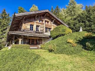 Nestled amidst lush greenery and towering trees, this charming wooden chalet offers a serene mountain retreat.