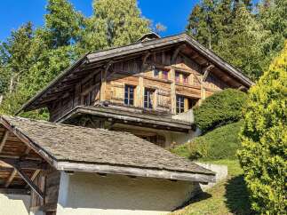Experience rustic charm in this traditional wooden chalet nestled amidst lush greenery.