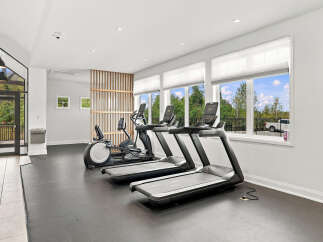 Step into this modern fitness center, featuring state-of-the-art treadmills and an elliptical machine perfect for your cardio workouts.