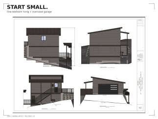 Discover efficient living with this 'Start Small' home design, featuring a comfortable one-bedroom layout complemented by an oversized garage.