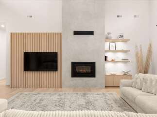 Experience modern living in this stunning living room featuring a sleek fireplace and a wall-mounted TV set against a stylish slatted wood panel.