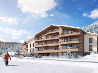 Experience luxury mountain living in this stunning ski resort property, featuring modern architecture with warm wood accents and expansive balconies offering breathtaking snowy vistas.