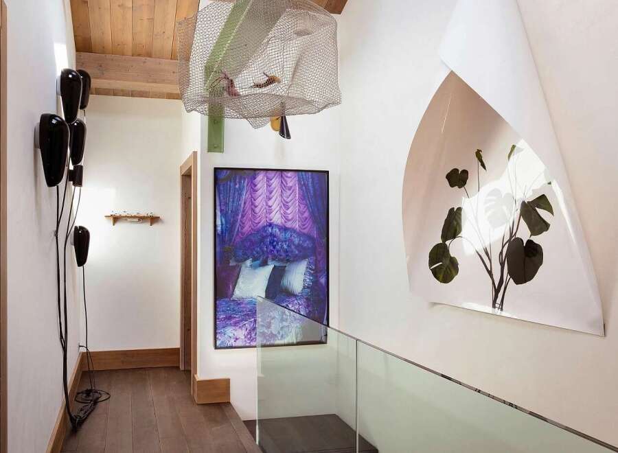This hallway features a striking display of modern art, including a vibrant purple bed artwork and a large plant illustration.