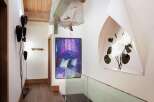 This hallway features a striking display of modern art, including a vibrant purple bed artwork and a large plant illustration.