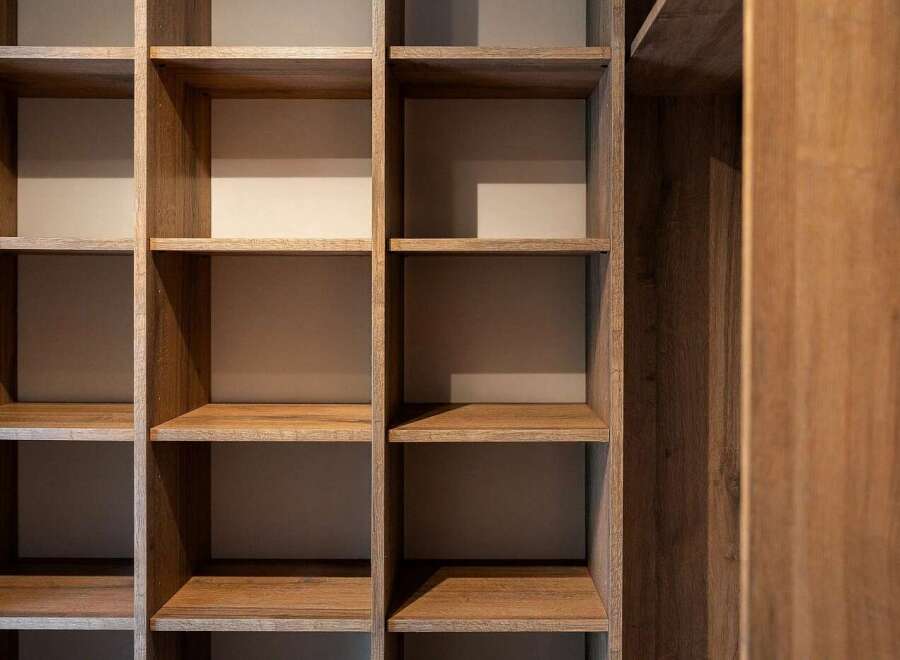 Discover the sophisticated storage solutions in this modern home, featuring a beautifully crafted wooden shelving unit.
