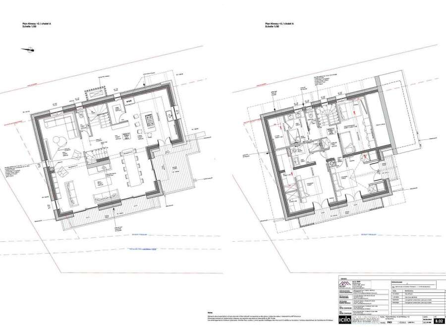 Discover the architectural plans for Chalet A, showcasing two distinct levels: Niveau +2 and Niveau +3.