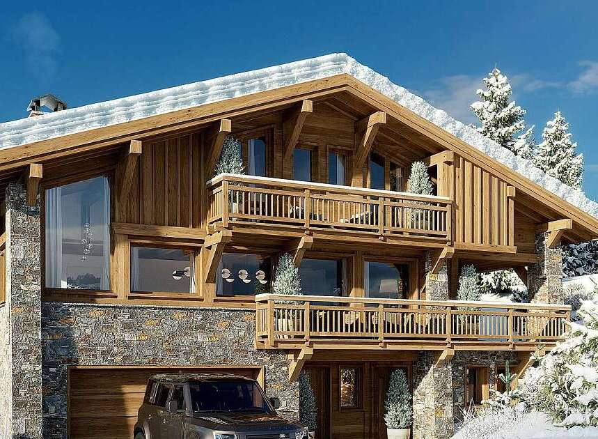 Experience luxury mountain living in this stunning chalet, featuring a rustic stone and wood exterior nestled amidst snow-covered pine trees.