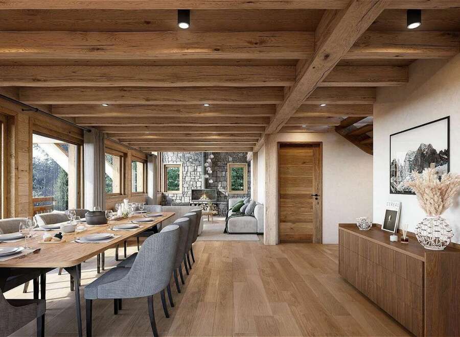 Experience rustic elegance in this stunning mountain lodge dining and living area.