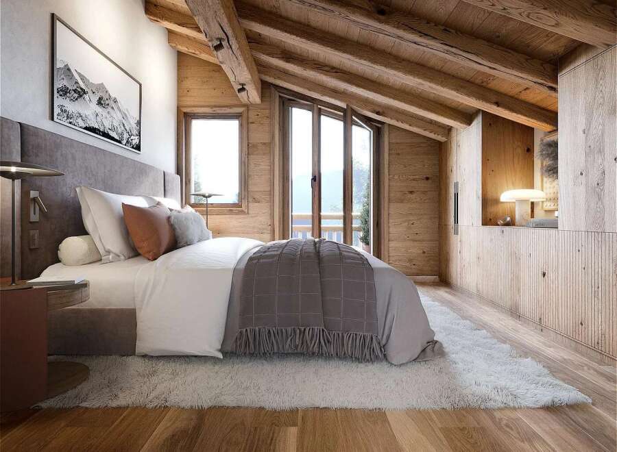Experience rustic luxury in this charming mountain bedroom, featuring exposed wooden beams and a cozy, inviting atmosphere.
