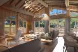Experience luxury mountain living in this stunning chalet, featuring a warm, wood-paneled interior with exposed beams and modern circular pendant lights.