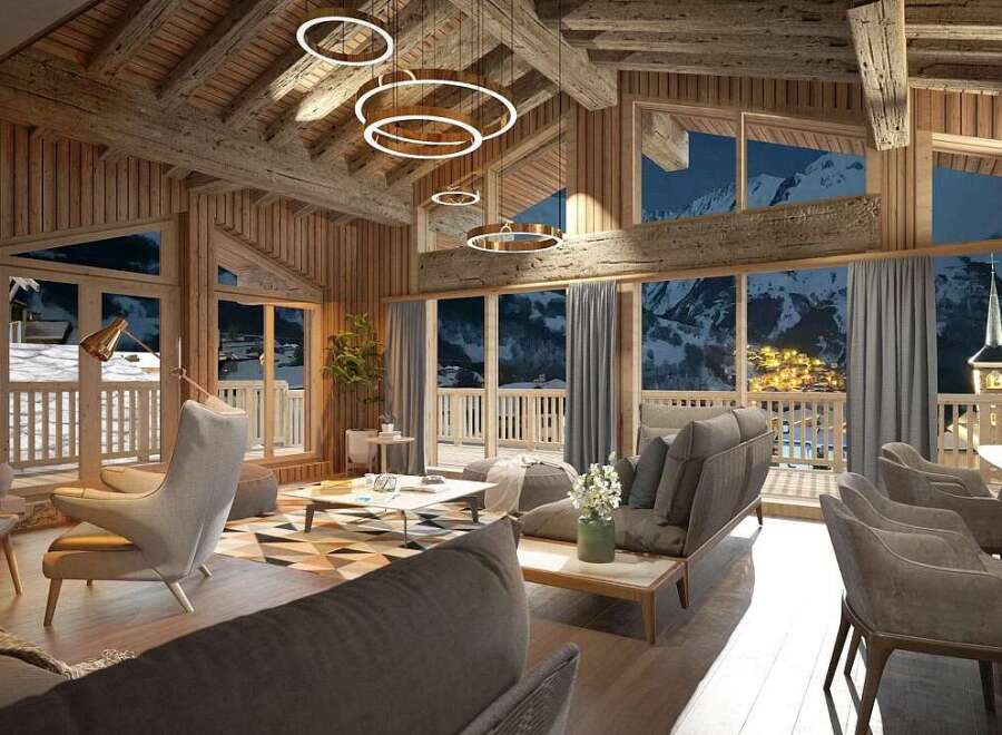 Experience the epitome of luxury mountain living in this stunning chalet, featuring a roaring fireplace and panoramic views of snow-capped peaks.