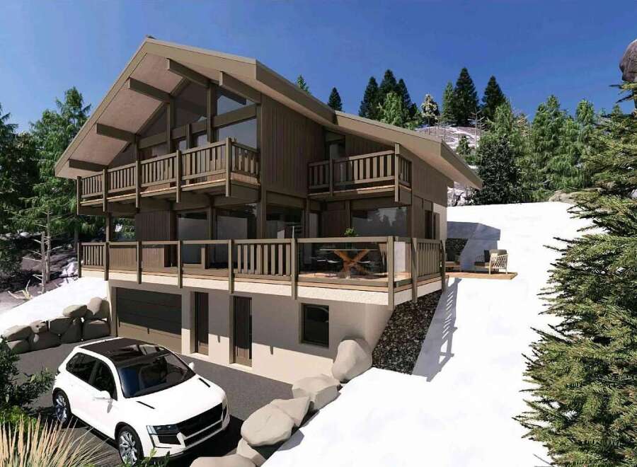 Experience luxury mountain living in this stunning chalet-style home, nestled amidst snow-covered slopes and evergreen trees.