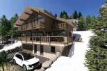 Experience luxury mountain living in this stunning chalet-style home, nestled amidst snow-covered slopes and evergreen trees.