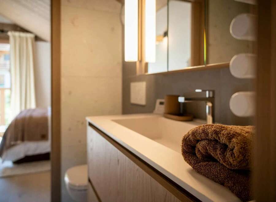 Experience modern comfort in this beautifully appointed bathroom, featuring a sleek vanity with an integrated sink and a stylish chrome faucet.