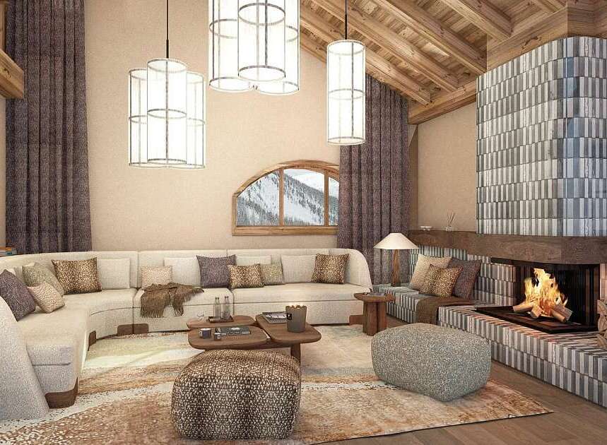 Experience luxury mountain living in this stunning living room, featuring a grand fireplace with intricate tilework and a cozy seating area perfect for gathering.