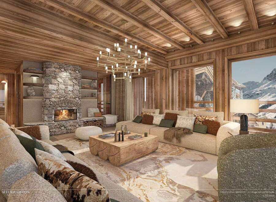 Experience ultimate luxury in this stunning mountain chalet living room, featuring a grand stone fireplace and a rustic log coffee table.