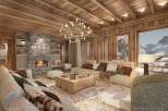 Experience ultimate luxury in this stunning mountain chalet living room, featuring a grand stone fireplace and a rustic log coffee table.