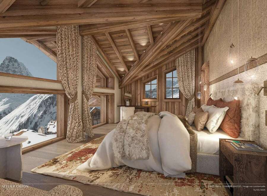 Experience unparalleled luxury in this master bedroom, featuring a cozy fireplace and breathtaking mountain views.