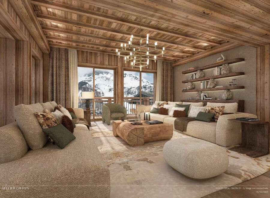 Experience luxurious mountain living in this stunning chalet living room, featuring a rustic wooden ceiling and walls that exude warmth and alpine charm.