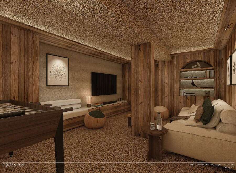 Experience ultimate relaxation in this cozy multi-room chalet, featuring a warm, wood-paneled interior and a plush, inviting sofa.