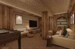 Experience ultimate relaxation in this cozy multi-room chalet, featuring a warm, wood-paneled interior and a plush, inviting sofa.