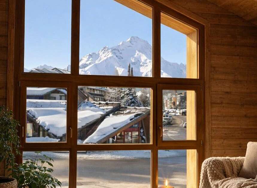 Experience breathtaking mountain views from this stunning property, featuring expansive windows that frame a majestic snow-capped peak.