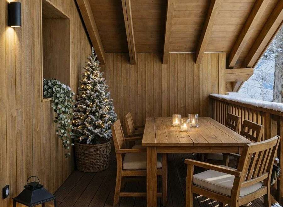 Experience cozy winter evenings on this charming wooden deck, complete with a festive Christmas tree and warm ambient lighting.