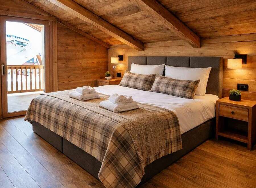 Experience rustic charm and modern comfort in this beautifully appointed bedroom, featuring warm wood paneling and a cozy plaid comforter.