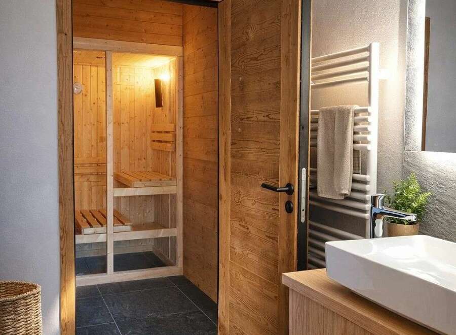 Experience ultimate relaxation in this modern bathroom featuring a private sauna.